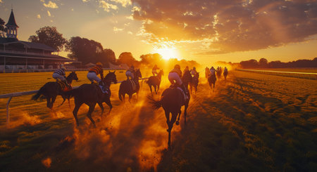 Jockeys ride horses in a race during the golden hour sunset.の素材