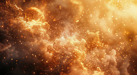 A close-up abstract image of golden sparkles and smoke, with a bright light source in the upper right corner.の素材