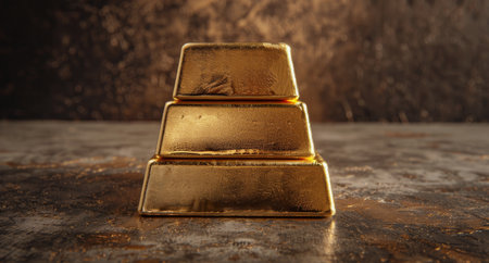 Two gold bars are stacked on top of each other on a dark, textured surface. The top bar has a GOLD inscription and the bottom bar has a faded inscription.の素材