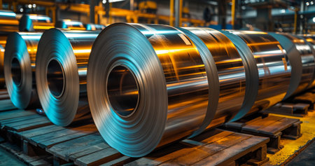 Several large, shiny steel coils are stacked on wooden pallets in an industrial setting.の素材
