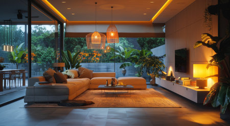 A modern living room with a large sectional sofa and warm lighting. The sofa is decorated with pillows and throws, and the room is illuminated by hanging pendant lights with exposed bulbs.の素材