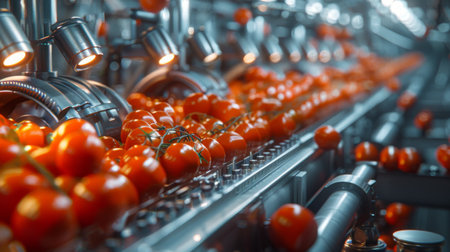 A close-up view of red ripe tomatoes moving along a conveyor belt in a food processing plant.の素材
