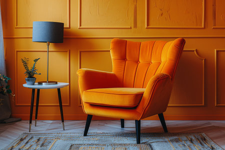 A yellow armchair with a tufted back sits in a living room corner with a palm plant in a pot to the right. A small table with a lamp and clock is to the left.の素材