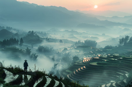 A single person stands on a set of rice terraces, bathed in the golden light of the rising sun. Misty clouds drift across the valley, creating a serene and picturesque landscape.の素材