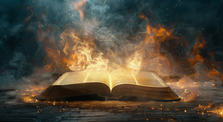 A book with its pages open lies on a wooden surface, engulfed in flames.の素材