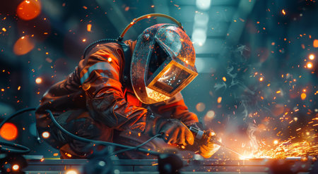 A welder in a protective suit and helmet welds a metal surface. Sparks fly from the welding torch.の素材