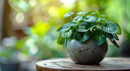 A potted plant with green leaves sits on a wooden table, with a blurred background of outdoor greenery.の素材
