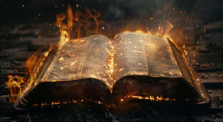A book with pages open and burning in a dark environment. Smoke and fire surround the book.の素材