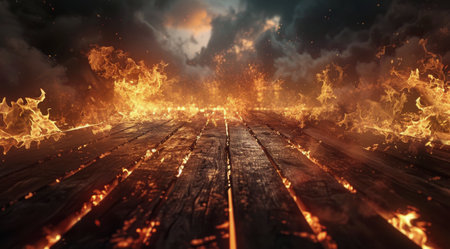 Flames engulf a wooden plank floor beneath a dark cloudy sky.の素材