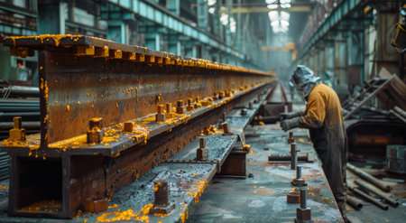 A close-up view of rusty steel beams bolted together in an industrial setting.の素材