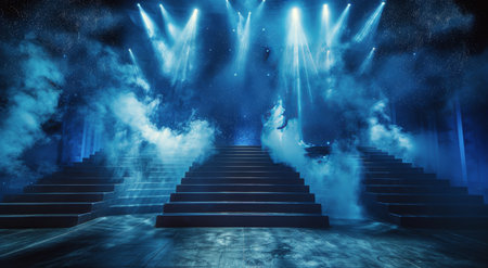 A stage is lit with blue lights and smoke, creating a dramatic and ethereal atmosphere.の素材