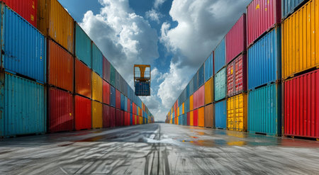 Rows of stacked shipping containers in a variety of colors are arranged side by side at a port under a cloudy sky.の素材