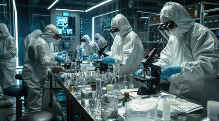 A team of scientists, wearing protective suits and face shields, work in a laboratory, using microscopes and examining samples.の素材