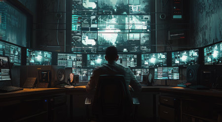 A man sits at a desk in a dark room, facing a large wall of monitors displaying live security footage.の素材