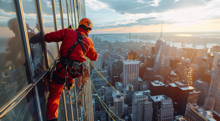 A window washer climbs a skyscraper, cleaning the glass panels.の素材