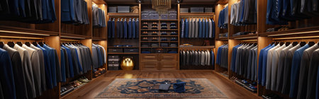 A spacious walk-in closet with dark wood shelves and drawers, filled with neatly organized clothing, shoes, and accessories.の素材