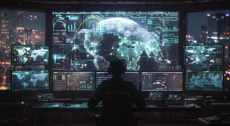 A hacker sits in front of multiple computer monitors displaying global data and network activity, the screen reflecting the city lights outside.の素材
