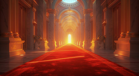 A grand hallway with a red carpet and chandeliers, leading to a large double door at the end.の素材