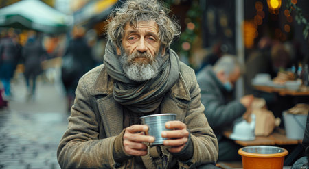 A homeless, elderly man sits on the street with a cup of coffee in his hands. He appears to be looking directly at the camera.の素材