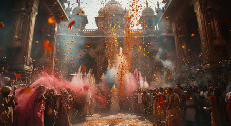 People celebrate in a temple in India, throwing flower petals and colorful powder.の素材