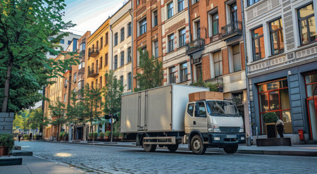 A yellow delivery truck is parked on a city street with its cargo bed filled with numerous boxes. The truck is parked in front of a building with windows and a storefront.の素材