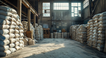 Stacked white sacks fill a large warehouse with dusty concrete floors and large windows.の素材