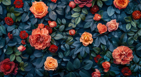 Various roses and other flowers in shades of orange and red are arranged on a blue floral background.の素材