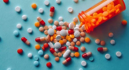 An orange and clear pill bottle with a variety of round pills, capsules, and tablets scattered around it.の素材