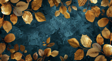 A collection of golden leaves arranged on a teal textured surface.の素材