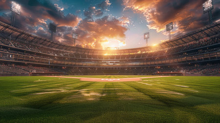 A large baseball stadium with a crowd is illuminated by bright packed lights under a breathtaking sunset sky.の素材