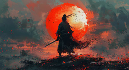 A lone figure stands facing a large red moon that dominates the sky at sunset.の素材