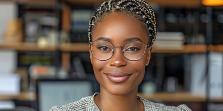 A close-up portrait of a young woman with braids and glasses, smiling confidently. She appears to be in an office setting, with blurred office furniture and computers in the background.の素材
