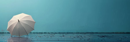A white umbrella sits on a wet surface, with rain falling in the background.の素材