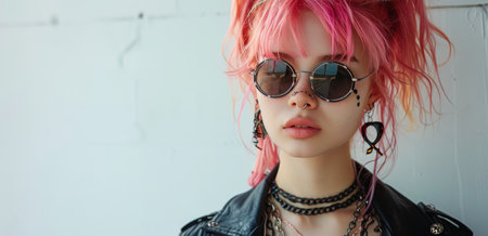 A portrait of a young woman with pink hair and sunglasses posing against a white wall. She is wearing a black leather jacket and a variety of necklaces.の素材