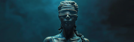 A close-up shot of a blindfolded statue of justice, with dramatic lighting and a smoky background.の素材