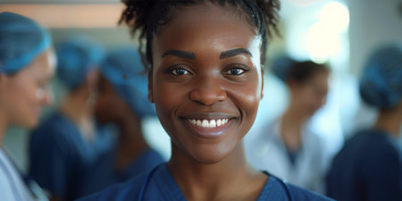 A female doctor with curly hair, wearing a blue scrub top and stethoscope, smiles at the camera in a hospital hallway.の素材