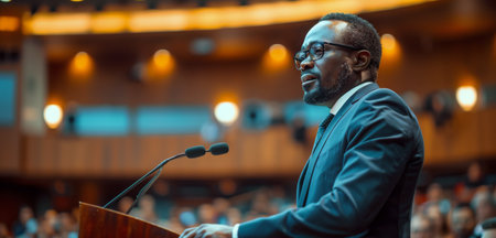 A man in a suit and glasses is speaking into a microphone at a podium, addressing a large crowd in an auditorium.の素材