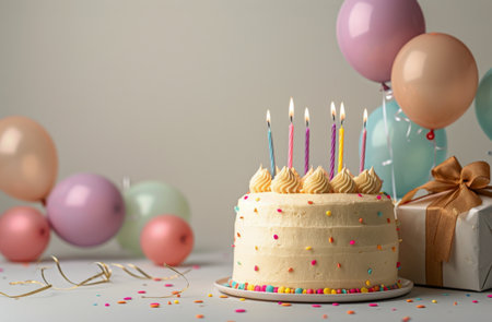 A white frosted birthday cake with lit candles sits on a white plate, surrounded by colorful balloons and confetti.の素材