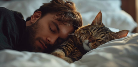 A young man and a cat are sleeping together in a bed, both looking peaceful and content.の素材
