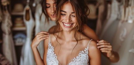 A bride smiles as her bridesmaid helps her put on her dress in a bridal shop.の素材