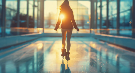 A woman ice skates towards the setting sun in a modern indoor ice rink. The warm light reflects off the ice, creating a beautiful and peaceful scene.の素材