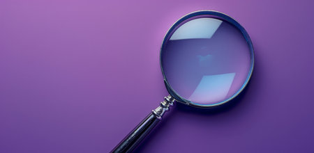 A magnifying glass with a black handle is lying on a surface illuminated by blue and purple lights.の素材