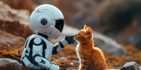 A white robot with black accents sits on a wooden floor and interacts with an orange kitten.の素材