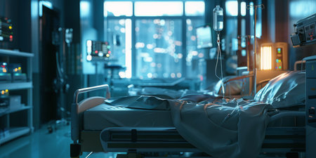 A single hospital bed sits empty in a modern hospital room, with an IV drip stand nearby. The room features large windows that offer a view of a cityscape.の素材