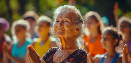 An elderly woman leads a group of people in a yoga practice outdoors.の素材