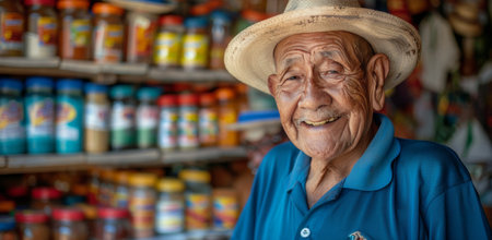 A friendly, elderly man wearing a straw hat smiles warmly while standing in front of a grocery store filled with jars.の素材