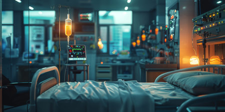 A single hospital bed sits empty in a modern hospital room, with an IV drip stand nearby. The room features large windows that offer a view of a cityscape.の素材