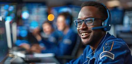 A smiling male technician wearing a headset works in a modern control room.の素材