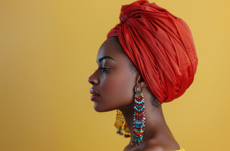 A close-up profile portrait of a woman with dark skin, wearing a red head wrap and long, colorful beaded earrings.の素材