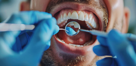 A close-up shot of a dentist examining a patients teeth with a small mirror.の素材